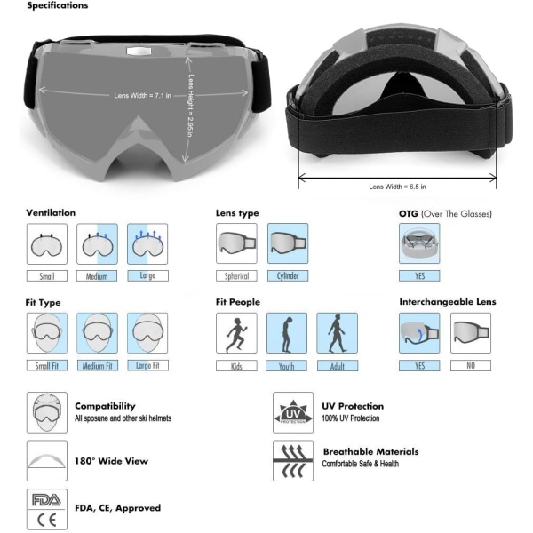 Motorcykelbriller, ATV Dirt Bike Off Road Racing MX Riding Goggle Eyewear Polstret blødt tykt skum, justerbar rem Voksne cykling motocross BW&Gray Lens