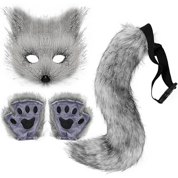 Fuskepels revehale Katt Wolf Cosplay kostymesett Plysjmaske Fluffy Paw Gloves Halloween Christmas Dark Gray