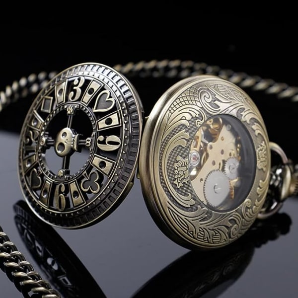 Vintage unik ihålig mekanisk Steampunk watch med kedja Skelett romerska siffror Fickur för män Presenter