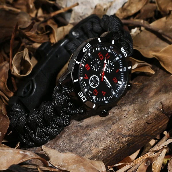 Survival Paracord Emergency Survival Armbånd, menn og kvinner med klokke/fløyte/brannstarter/skraper/kompass og termometer, 6 i 1 multifunksjonell utgang