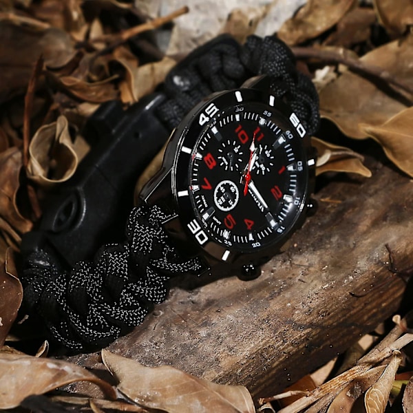 Survival Paracord Emergency Survival Rannekoru, miehet ja naiset, kello/pilli/sytytin/kaavin/kompassi ja lämpömittari, 6 in 1 monitoiminen ulkoinen