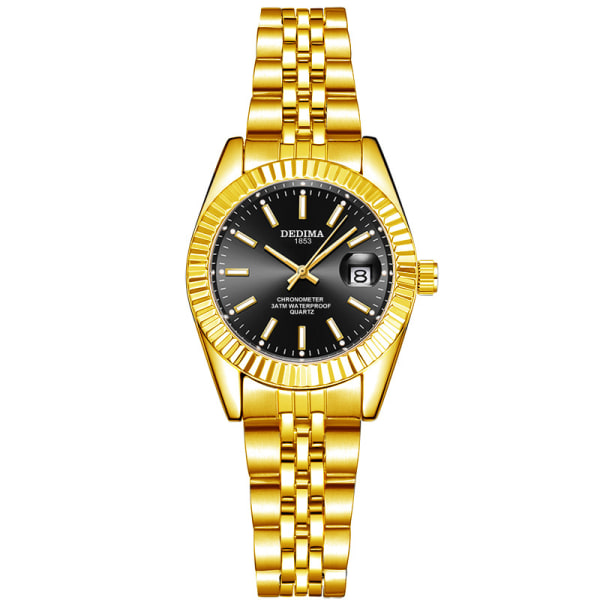 Motekalender stålbånd lysende klokke Gold strap black dial Suitable for women