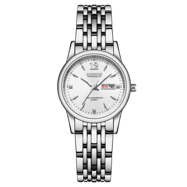 Motepar stålbelte vanntett dobbel kalenderklokke Silver watchband white dial Suitable for women