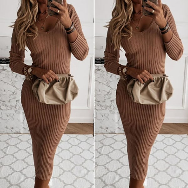 Kvinnor Ribbstickad V-ringad långärmad Bodycon tröja Stretch Slim Fit Midiklänning Camel XL
