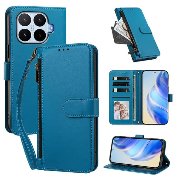 PU-läder plånboksfodral med blixtlåsficka och handledsrem för Xiaomi 17T lake blue