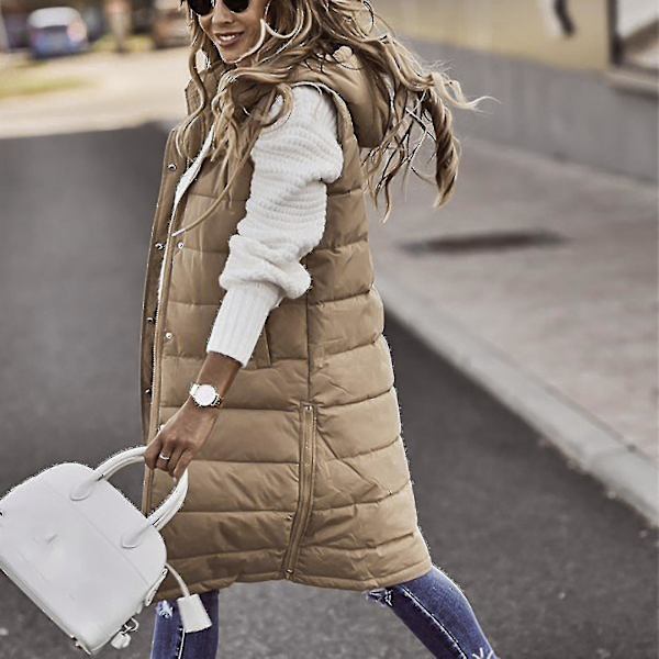 Ensfarget hette for kvinner, mellomlang, polstret vest, ermeløs lommejakke Beige M