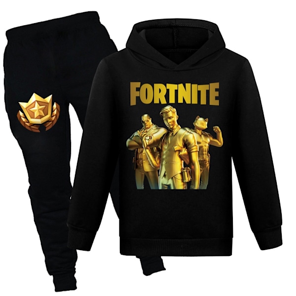 Barn Fortnite Trykket Avslappet Hoodie & Bukser Kostymer Gutter Jenter Hoodie & Bukser Treningsdrakt Sett Svart Svart 160cm Black Black 130cm