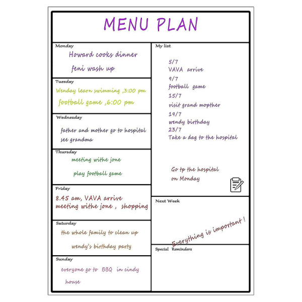 Magnetisk tavle Kjøleskap Myk tavle Mobil ukeplanlegger