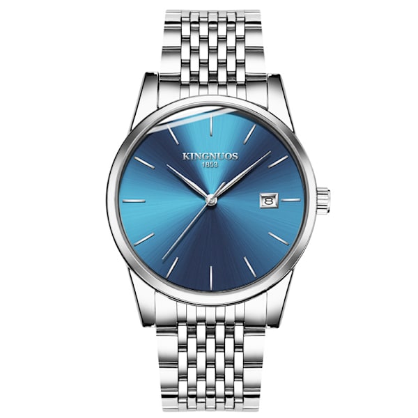 Äkta ultratunt herrstålband kvarts watch vattentät watch Silver steel band with silver studs blue
