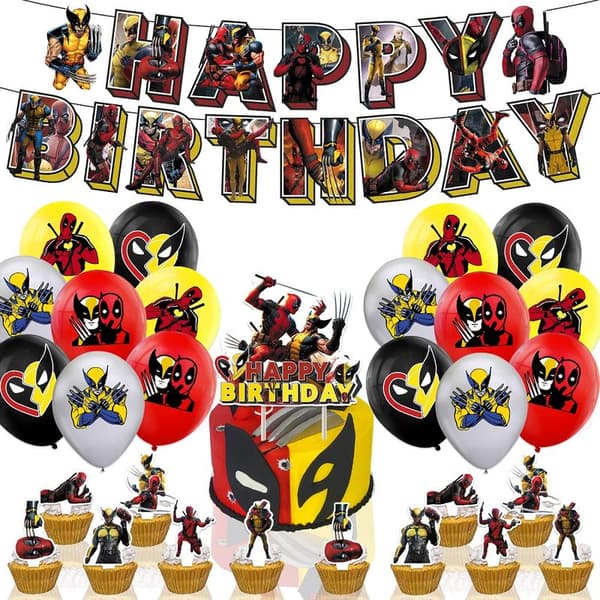 Deadpool Wolverine Tema Gratulerer med dagen Banner Ballonger Kit Kaketoppsett-FD8-