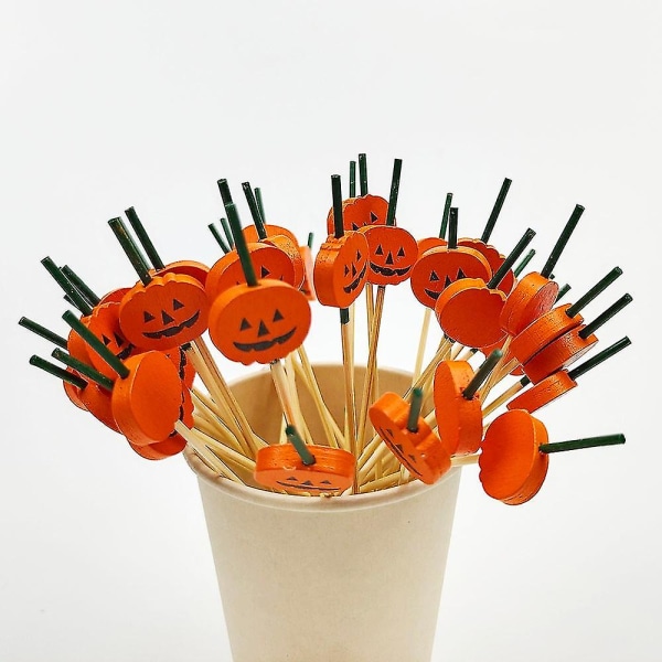 50/100 st Halloween Pumpa Bambuspett Fruktgaffel Dessert Sallad Grönsak Engångspinnar Tandpetare Grillspett Halloween Deocor H-100pcs