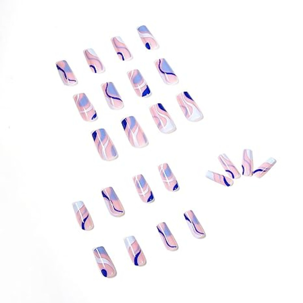 24 st Press on Nails Medium, kista falska naglar med GlueSwirl， glansigt lim på naglar Falska naglar för kvinnor tjejer (blå virvel)