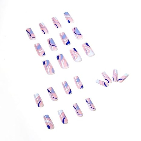 24 stk. Tryk på negle Medium, kiste falske negle med GlueSwirl， Blank lim på negle Falske negle til kvinder piger (Blue Swirl)