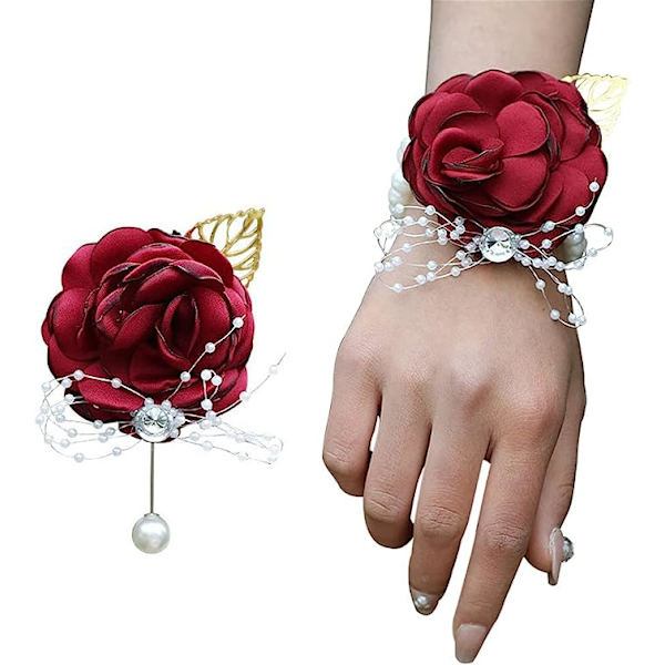 Wrist Corsage Rose Brudepige Bryllupsblomster Prom Corsage og Boutonniere Sæt til Bryllupsfest Prom Brudegom Brude (rød)