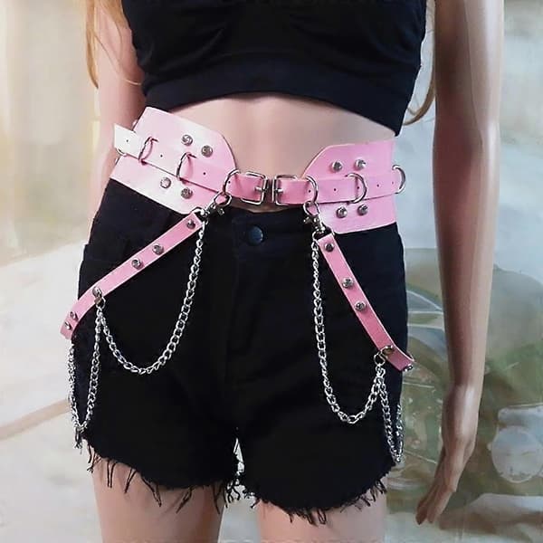 Punk Läderbälte Midjeband med Metallkedja Dans Gotisk Bindningssele Pink