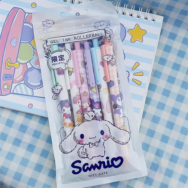 Jinzhaolai Cute Cartoon Sanrio Student Gel Pen 6 pakker af høj værdi piger hjertepressepen Cute Bear Mymelody Kuromi Cinnamoroll Pen A4