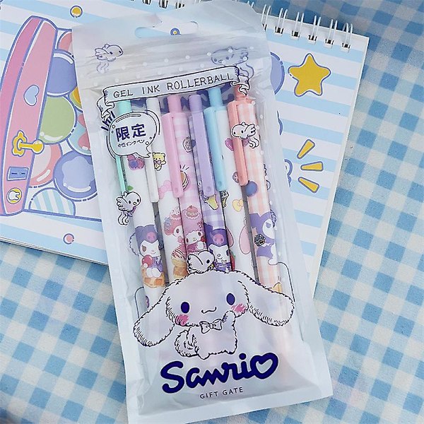 Jinzhaolai Cute Cartoon Sanrio Student Gel Pen 6 pakker af høj værdi piger hjertepressepen Cute Bear Mymelody Kuromi Cinnamoroll Pen A4