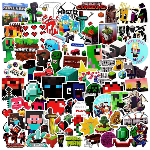 Minecraft Klistermærker Pakke med 100 Minecraft Klistermærker til Laptop, Skateboard, Guitar, Bagage, Vandflaske, Telefon