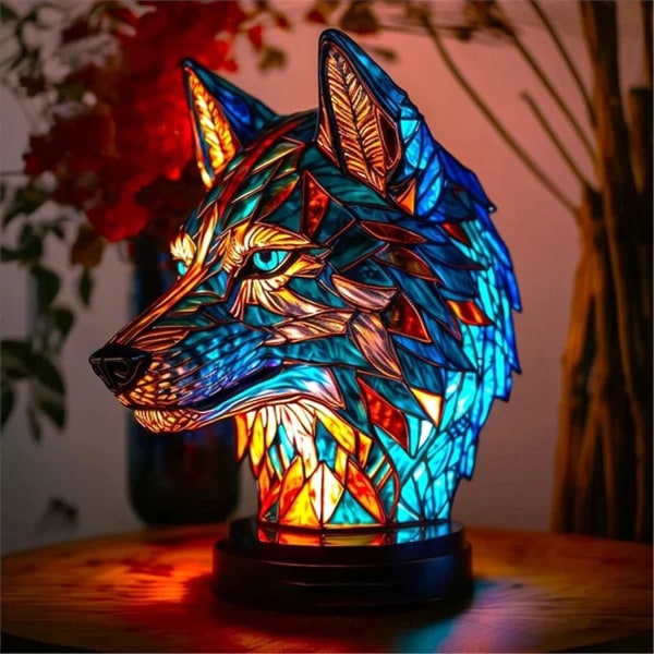 Eläinten pöytälamppusarja, retropöytävalaisin, lasimaalaus Animal Print -pöytävalaisin, vintage Animals -pöytälamppu kodin koristeet Wolf