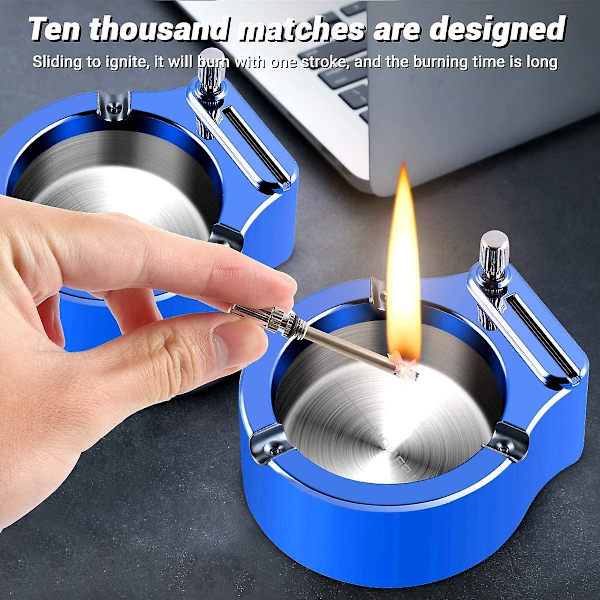 Rustfrit askebæger, Match Flint Lighter, Retro brændbart metalaskebæger med tændstikker, 10000 tændinger, høj temperatur og faldbestandig rund askebæger