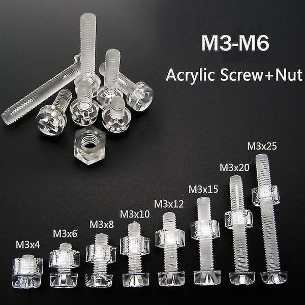 50sets Acrylic Clear Plastic Nylon M3-m6 Round Phillips Head Screw Bolt + Nut(m5x10mm