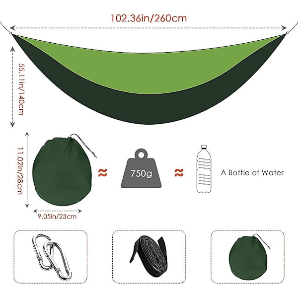 Almi Camping Hammock, kevyt ulkona kannettava kannettava riippumatto, jossa 2 karabiinia ja 2 puuta