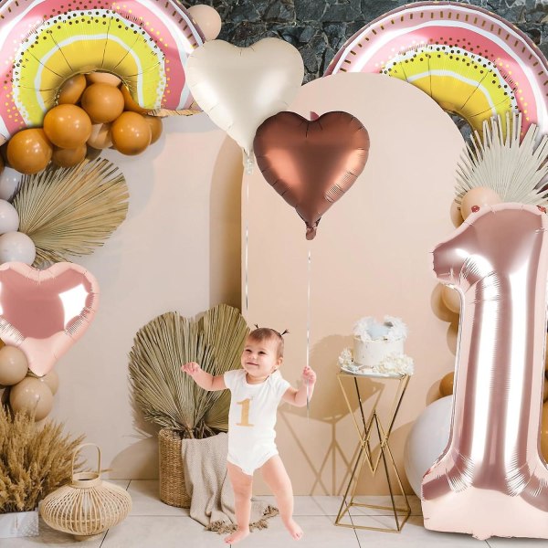 6st Boho Rainbow Balloon, 40" Rose Gold Ett år gammal set för första födelsedagen, Boho Födelsedagsdekorationer, Rainbow Heart Folie Heliumballonger