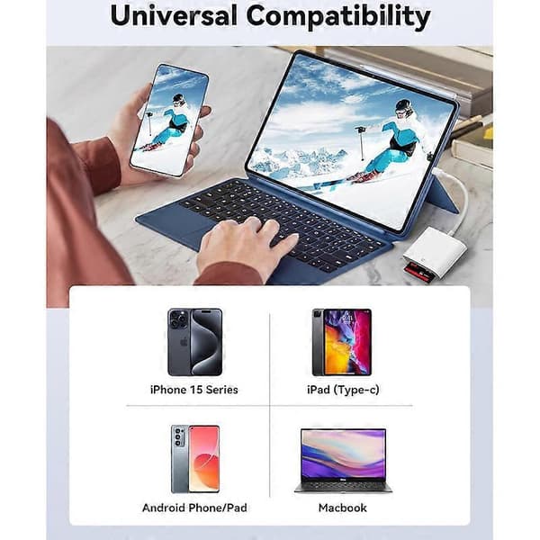 SD-kortläsare USB C för iPhone 15/Android-telefon/iPad/Mac/bärbar dator, 3 kortplatser