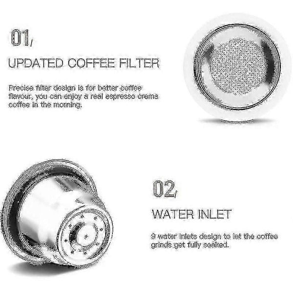 Kapsel, gjenbrukbar, rustfritt stål, 3 stk påfyllbare pinner for Nespresso + 1 tamper + 1 skje + 1