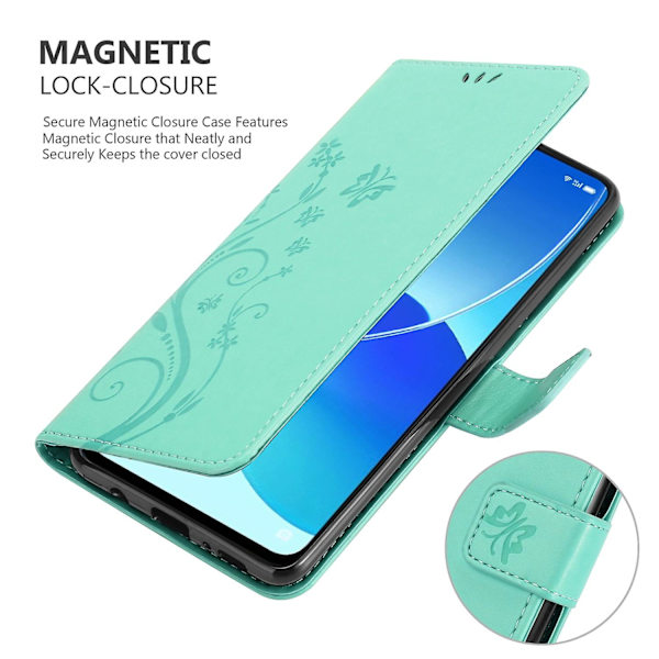 Oppo Reno6 5G Cover Case Case - med blommönster och stativfunktion och kortplats FLORAL TURQUOISE