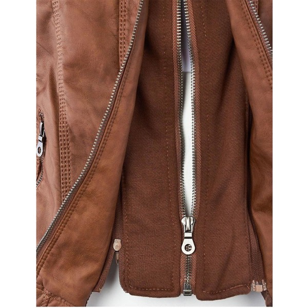 Naisten moottoripyörän hupullinen Pu-nahkainen pyörätakki takki päällysvaatteet Brown 2XL