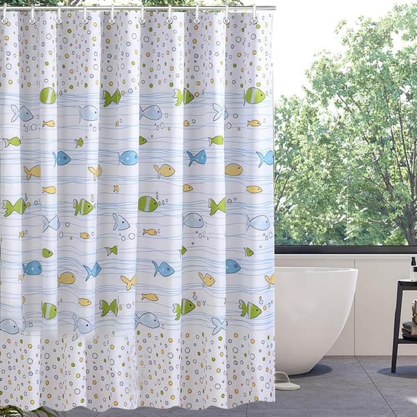 Duschdraperi 200x200cm Bubble Fish, viktad fåll, anti-mögel textil, vattenavvisande, tvättbara polyesterdraperier med öljetter och 12 duschringar