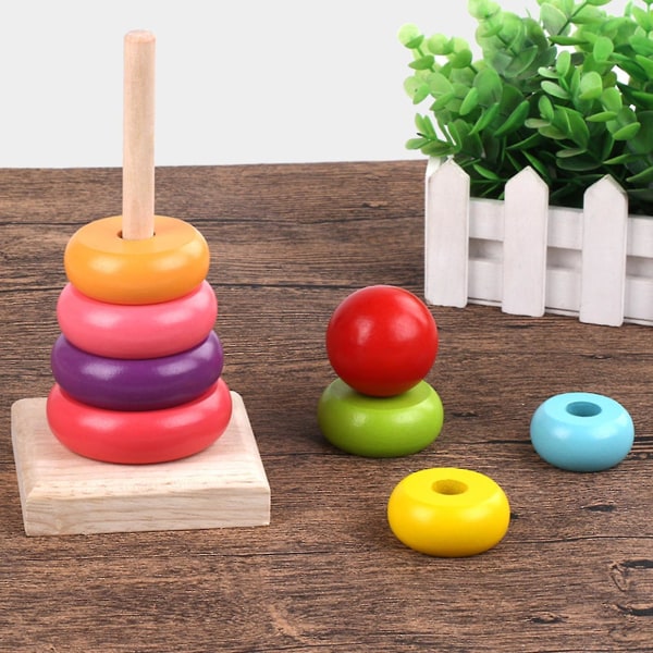 Wooden Rainbow Stacking Ring Tower Game Blocks Forælder Barn Sjov Interaktion Tidligt pædagogisk legetøj