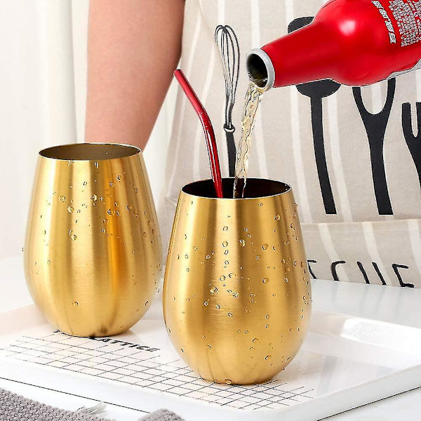 2 st Vinglas i rostfritt stål Stemless vinglas för resor Gold