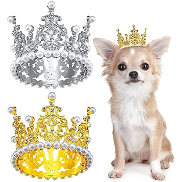 2 stk Hundekrone Kæledyr Tiara Pandebånd Krystal Rhinestone Faux Pearl Crown Hund Fødselsdagsfest Dekoration Bryllup Hårtilbehør Size L