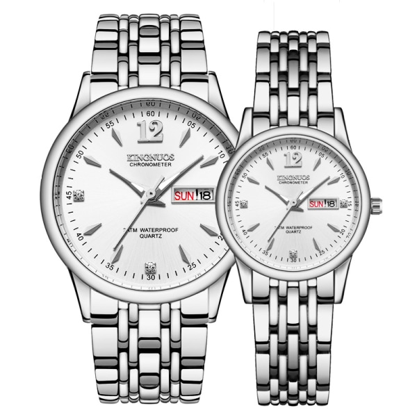 Motepar stålbelte vanntett dobbel kalenderklokke Silver watchband white dial Suitable for women