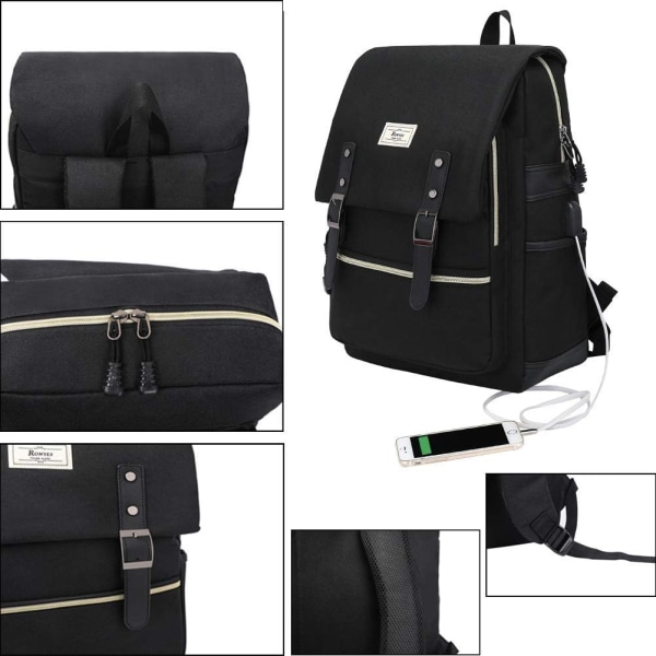 Yliopistolaukku Sopii jopa 15,6 tuuman kannettavalle tietokoneelle, casual reppu, vedenpitävä Business Travel -koulureppu, jossa on USB Unisex(kaikki musta) All Black