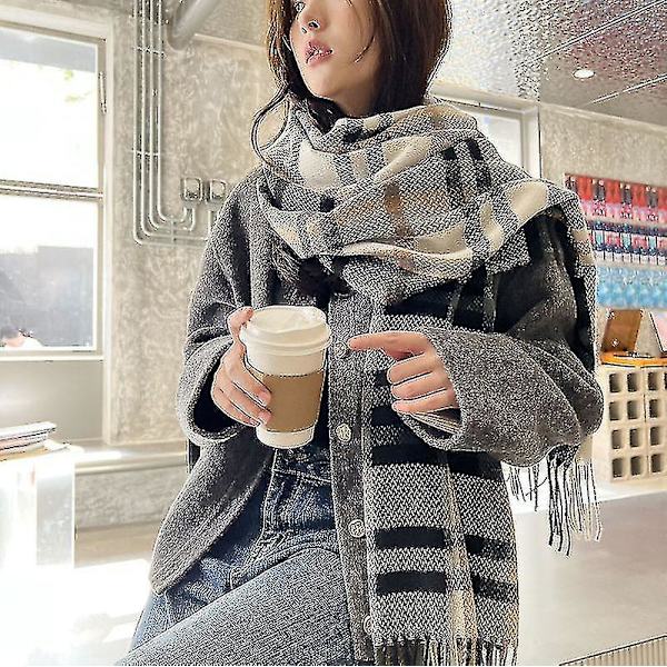 Faux Cashmere Scarf Plaid Shawl Huivi J-Wave Black