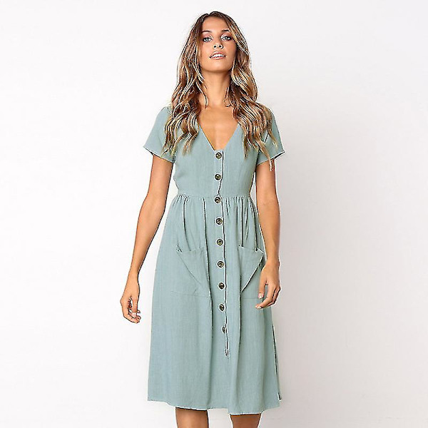 Naisten kesämekot Casual Midi-mekko Lyhythihainen paitamekko V-kaula-aukolla, nappi alas Swing A Line Tunika-mekko taskuilla light blue