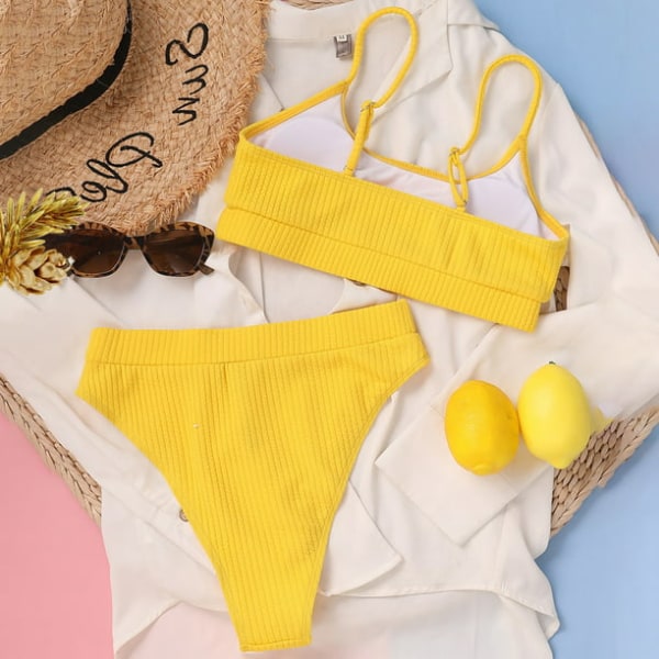Dame med høy midje ribbet Cami Bikini Beach Badedrakt sett gul S-US4