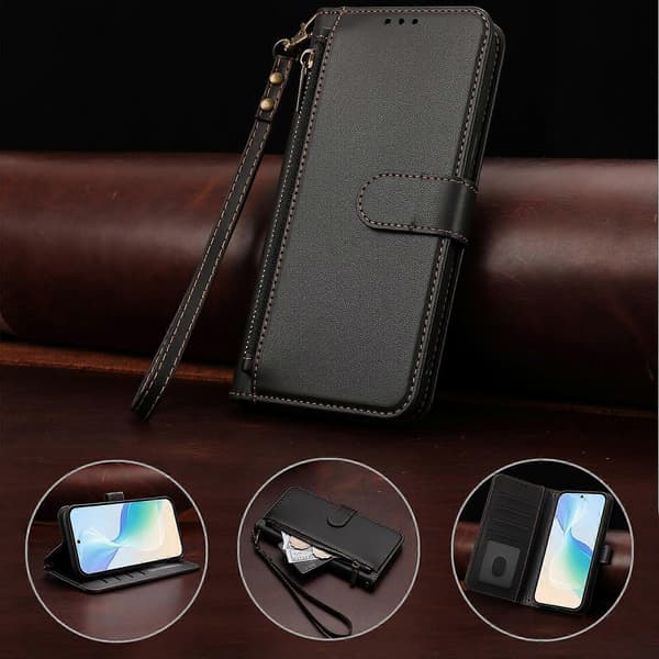 PU-läder plånboksfodral med blixtlåsficka och handledsrem för Xiaomi 17T black