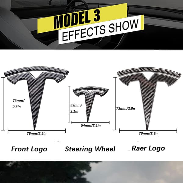3-pack Tesla Model 3 Bildekaler för Rattlogotyp (glansig kolfibermönster)