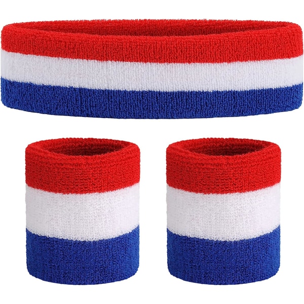 Set (3 delar) Sportpannband Handled Randiga svettband Armband Atletisk och pannband Fuktavledande svettabsorberande pannband Blue/White/Red