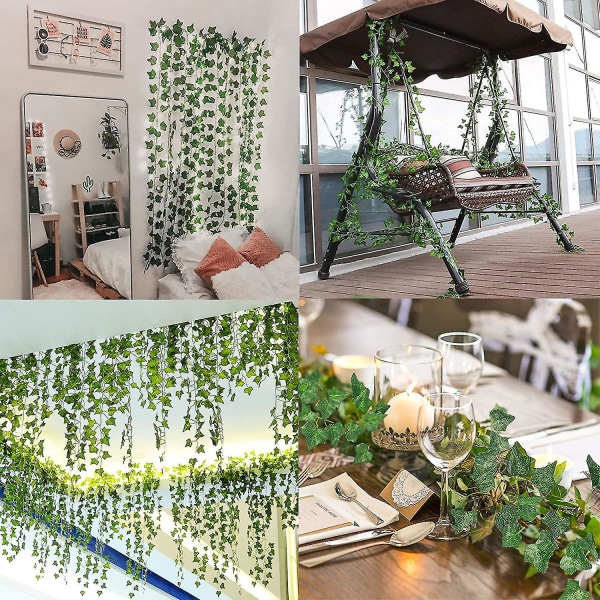 12 kpl Fake Ivy Rattan, Silk Ivy Garland Keinotekoinen vihreä kasvi riippuva viiniköynnös, sopii hääseinään, juhlatilaan, kotikeittiöön