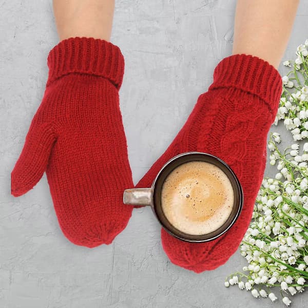 Dame bløde strikhandsker: Varme vinter-essentials. Ensfarvede, tykke vanter til hverdagsbrug Wine Red One Size