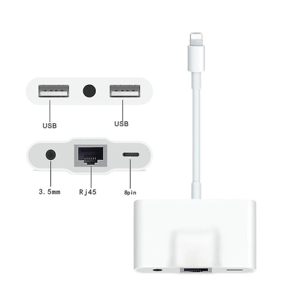 Lightning till Rj45 Ethernet Lan trådbunden nätverksadapter 5 i 1 USB Otg Lan Rj45 Ethernet 3,5 mm höghastighetskonverterare
