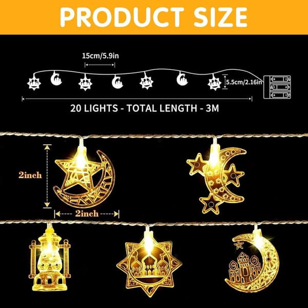 LED Ramadan String Lights (20 LEDs) - 3m Decorative Lights for Eid Mubarak, Home and Garden Decor