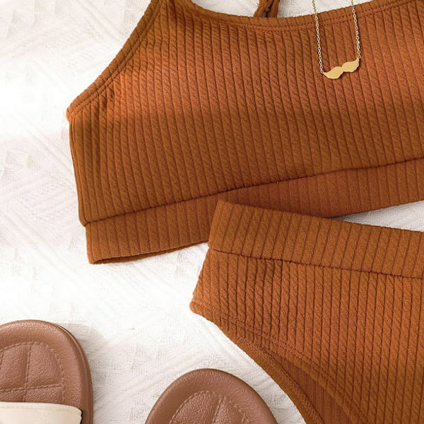 Kvinnor med hög midja ribbad Cami Bikini Set Brun L-US12