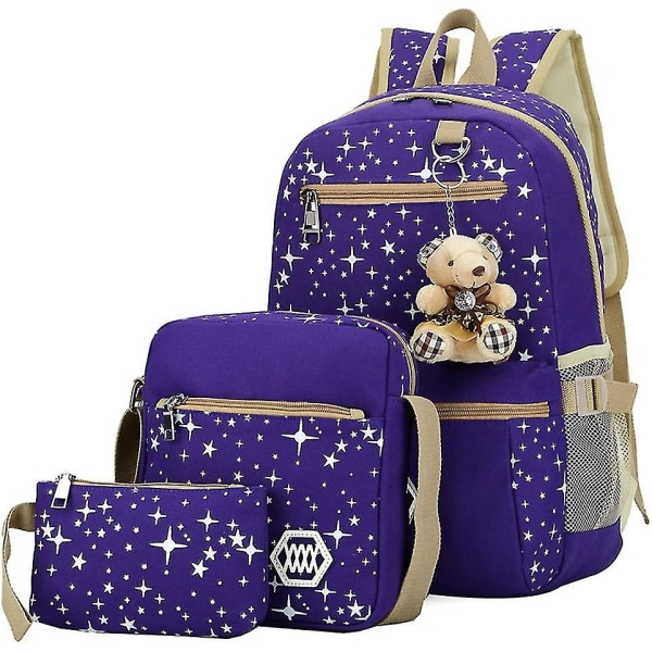 Skolväska för flickor 3 delar för grundskolan, ryggsäck/axelväska/handväska (lila)