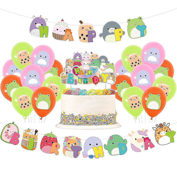 Squish Mallows Fødselsdagsdekorationer, Squish Mallows festartikler inkluderer fødselsdagsbanner, kagetopper, Squish Mallows balloner, festdekorationer S Set 2